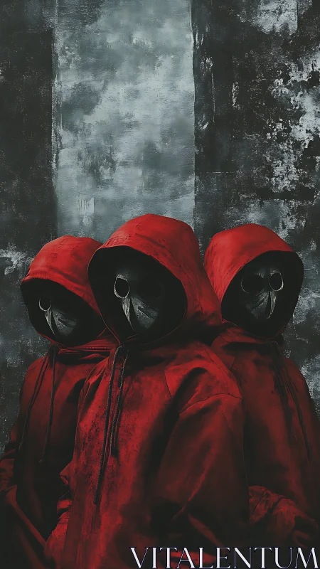 Triad of red hooded plague masks in vertical dystopian frame.