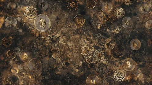 Cryptocurrency relief field in metallic abstract texture.