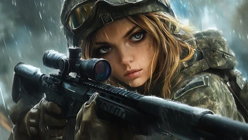Female soldier aims scoped rifle in heavy rain outdoors