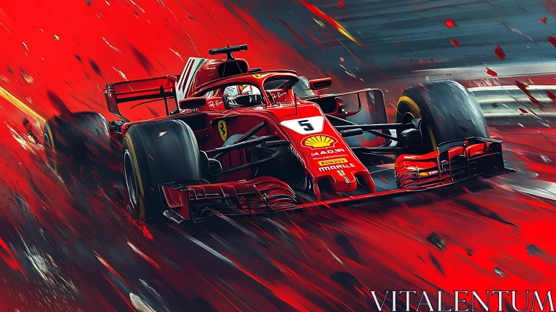 Red Formula race car blasting through abstract speed storm.