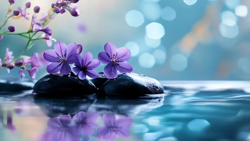 Macro analysis of purple blossoms on wet basalt stones in water