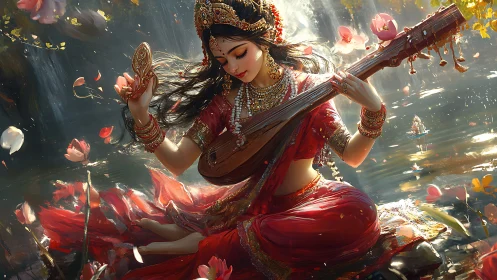 Lotus river hushes as the red-clad muse tunes the dawn