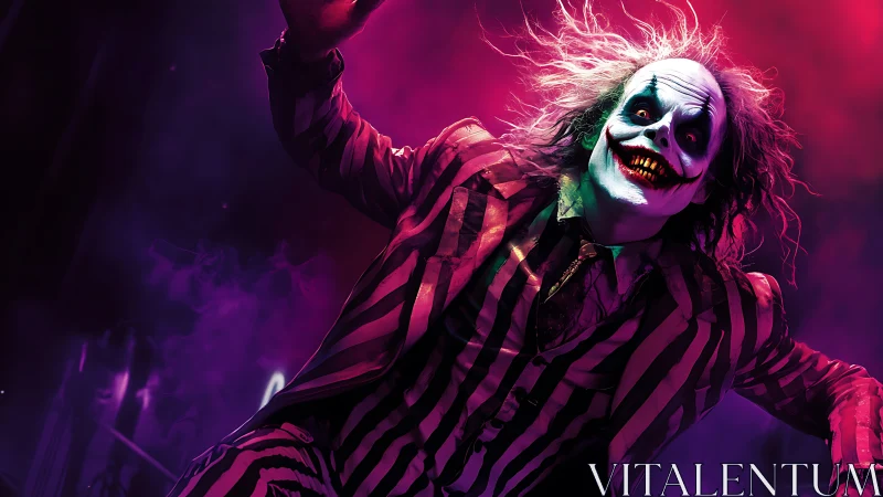 High-contrast horror clown portrait under neon magenta and green lighting