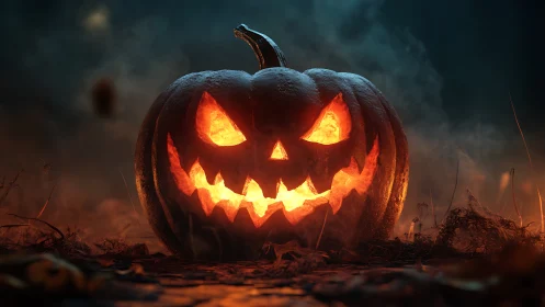 Glowing carved jack o lantern in dark foggy outdoor scene.