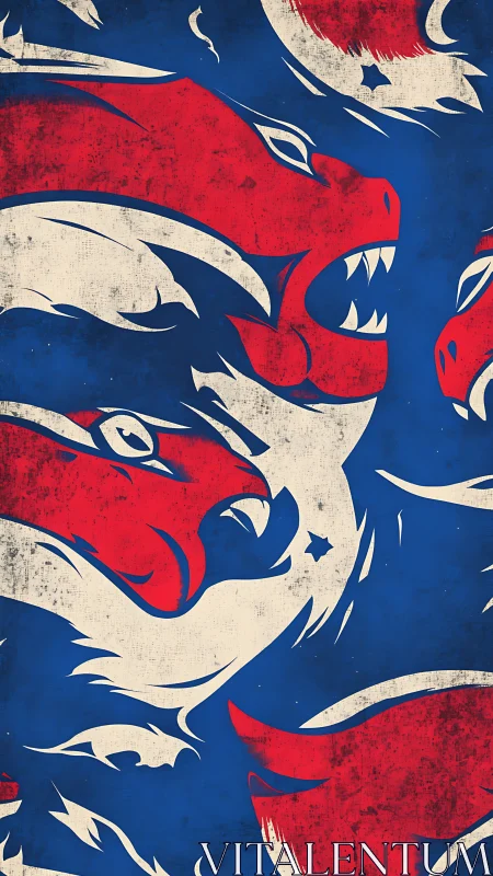 Bold red dragon swirls over deep blue, roaring with energy.