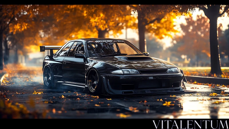 Modified black sports coupe under golden autumn canopy.