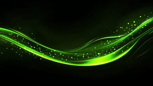 Vibrant green light wave abstract background with glowing particles.