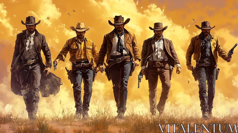 Cinematic five-gunslinger formation in dust-saturated frontier light.