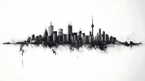 Monochrome city skyline emerges from abstract ink mist