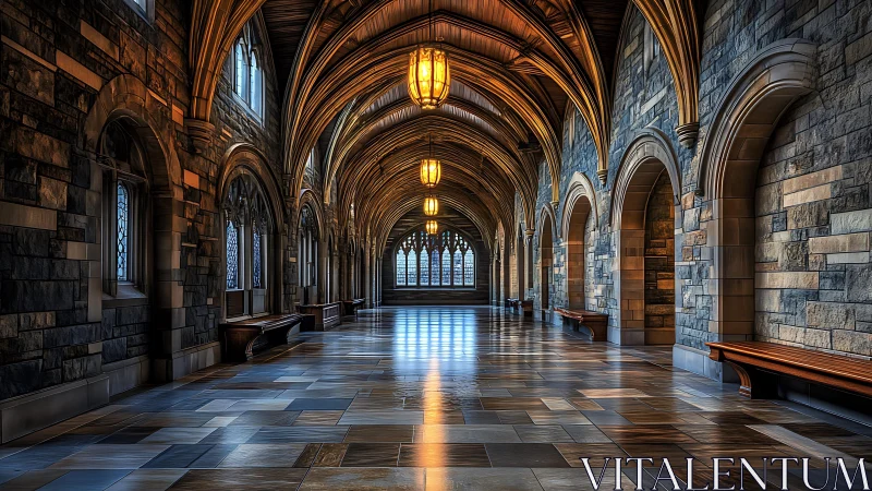Gothic stone corridor glows with golden lantern light.