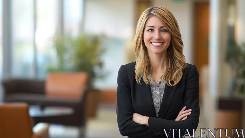Confident businesswoman in modern office, professional portrait style.