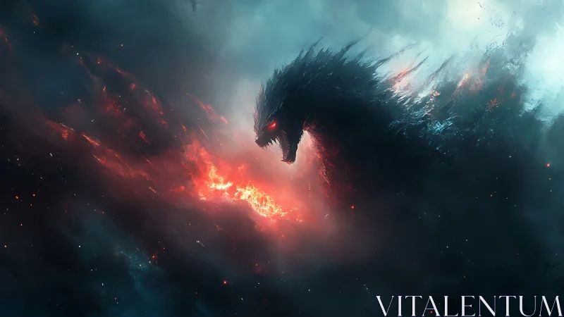 Colossal fire-breathing kaiju emerges through storm-lit smoke
