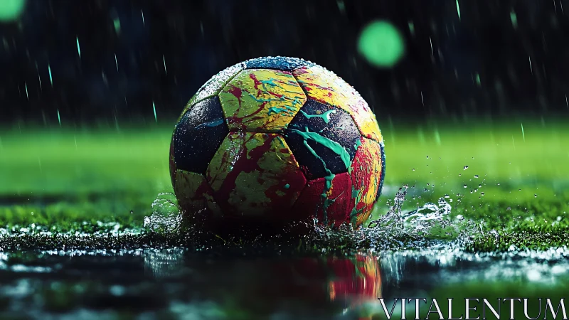 Color-splashed soccer ball dancing through a rainy field.