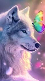 Iridescent wolf and rainbow butterfly in dreamy glow.