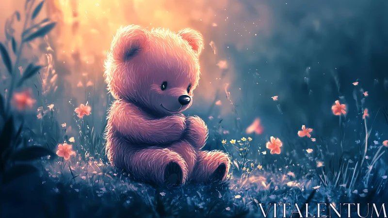 Fluffy teddy bear sits in glowing meadow at soft sunset light