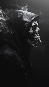Hooded skeletal smoker emerges from swirling monochrome smoke