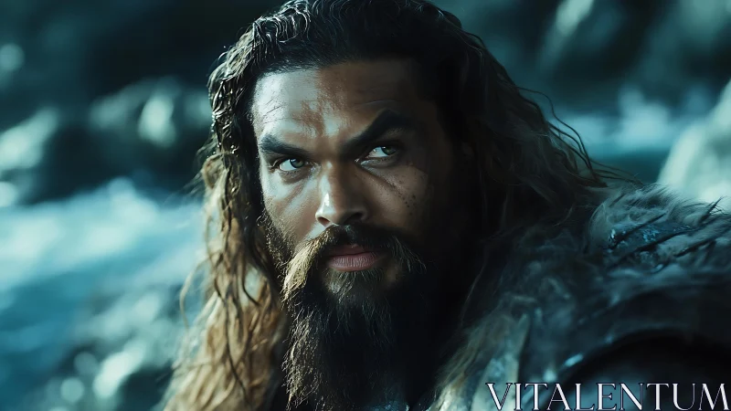 Brooding warrior gazes fiercely across a stormy shore.