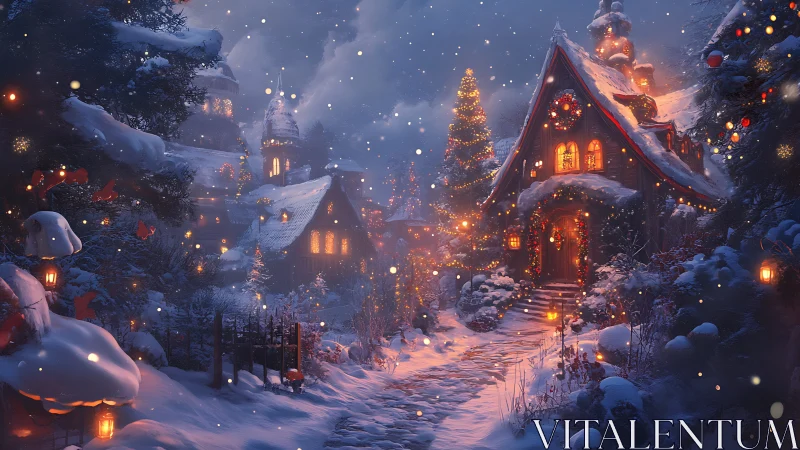 Luminescent alpine village under atmospheric winter snowfall.