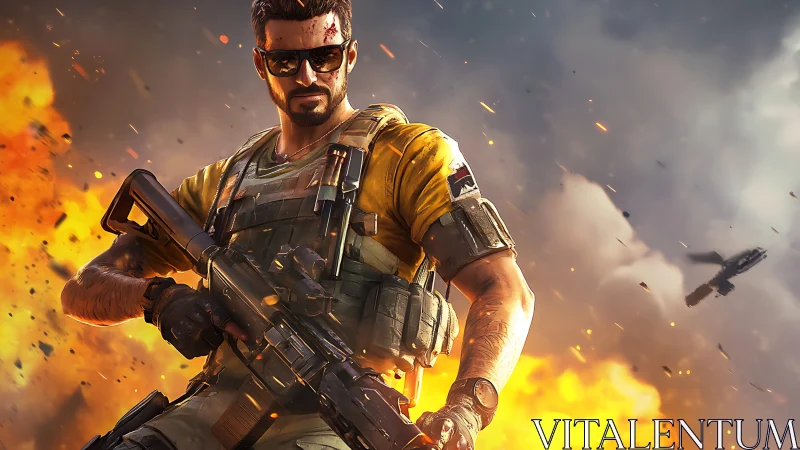 Sunset mercenary strides through firelit battlefield blaze.