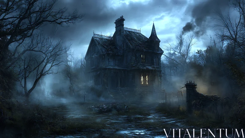 Rain-soaked Victorian mansion looms through dense night fog