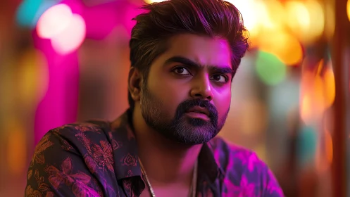 Man in neon nightlife setting with contemplative gaze.