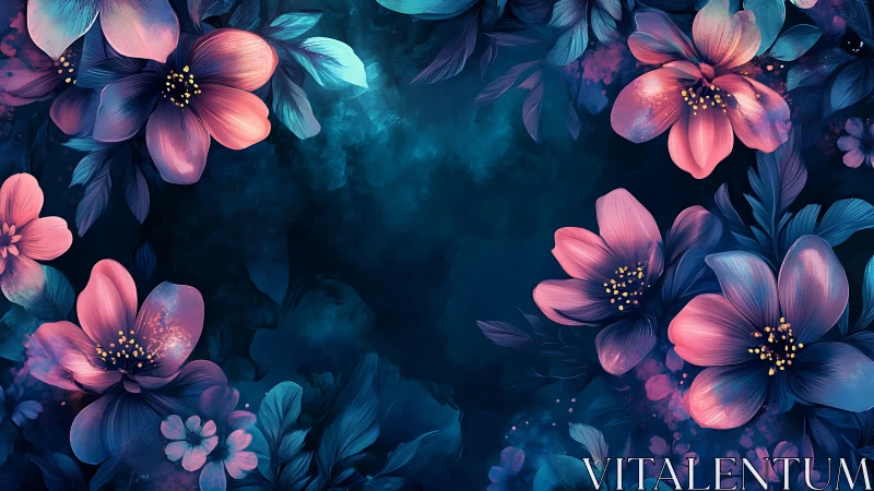 Neon Floral Garden: Pink Cosmos Blooms on Dark Teal.