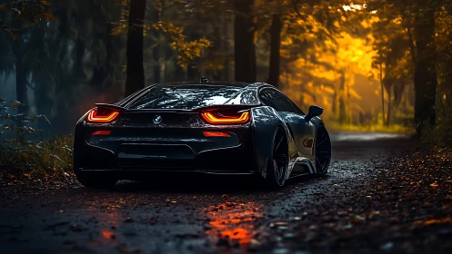 Sleek sports car glides through a glowing autumn forest road