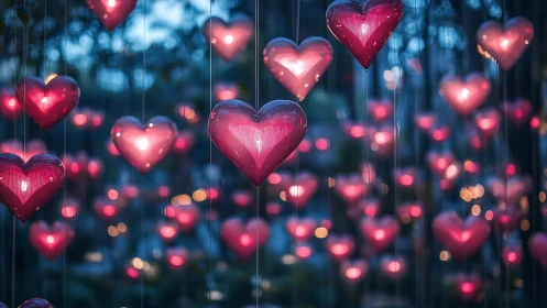 Glowing Hearts Suspended in Twilight Urban Atmosphere