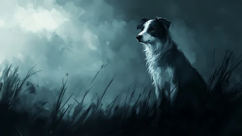 Quiet night watcher dog resting in a misty field scene.