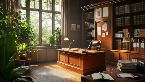 Sunlit wood-paneled office blends greenery with classic decor.