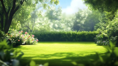 Sunlit lawn with trees, hedges and flowering shrub borders