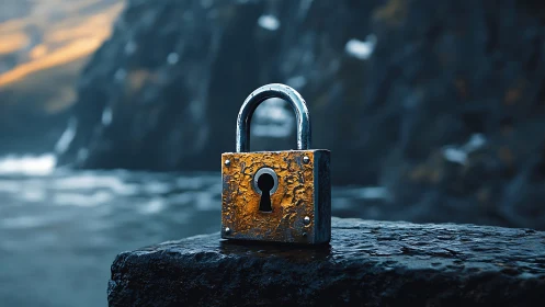 Weatherworn padlock stands guard beside a cold restless sea