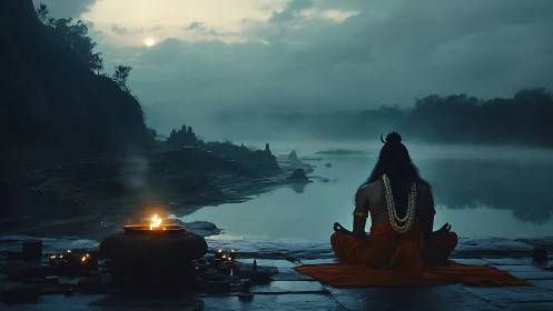 River mist cradles a saffron sage in pre-dawn stillness