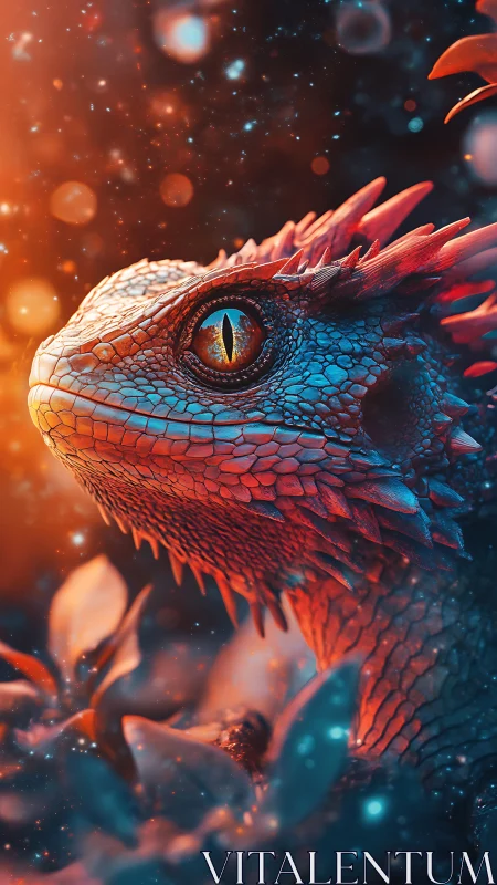 Vibrant closeup of a small dragon in glowing light.