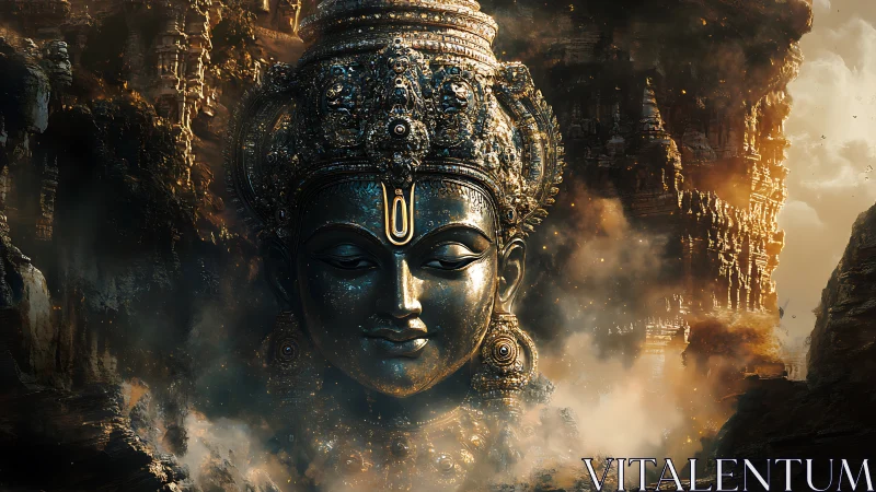 Colossal divine metal visage in luminous mythic canyon.
