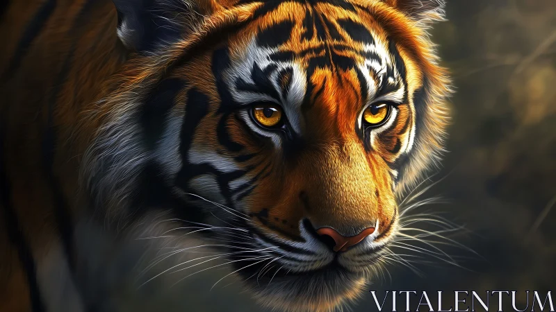 Golden-eyed tiger in quiet focus and painterly jungle light.