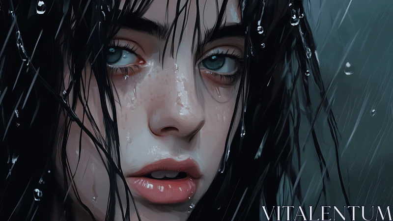 Rain-soaked girl stares ahead with haunting, glassy eyes.