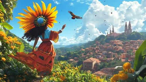 Sunflower crowned woman overlooking terracotta hillside townscape