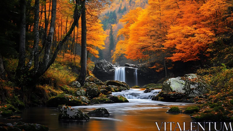 Forest waterfall and rocky stream in dense autumn foliage.