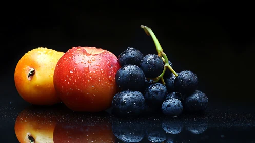 Water droplets on apples and grapes against black background.