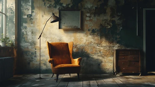 Worn interior with armchair, floor lamp and wooden dresser.