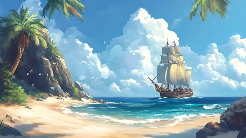 Tall Ship Sailing to Tropical Paradise Beach