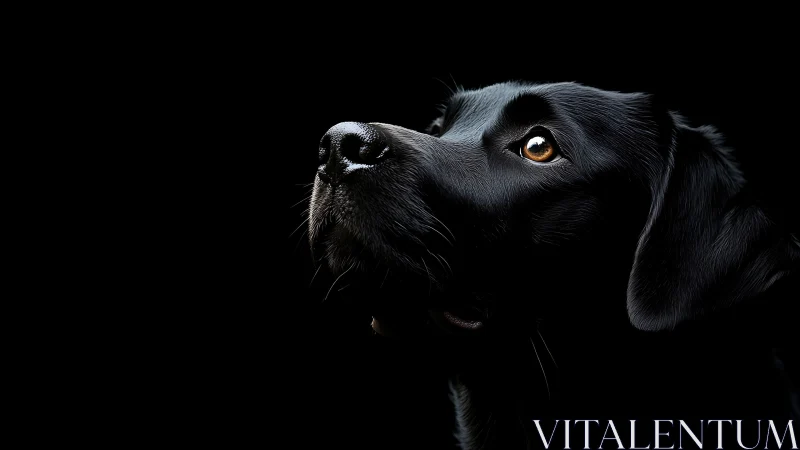 Black labrador portrait glows against deep black background.