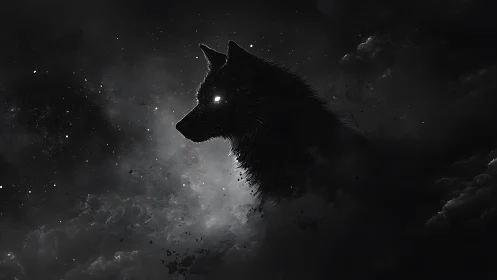 Luminous void-wolf silhouette in particulate cosmic shadowfield.