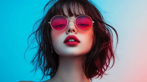 Digital portrait of woman in neon gradient sunglasses closeup.