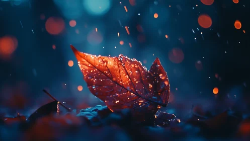 Rainlit ember leaf whispers against the deep blue dusk