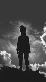 Silhouetted spiky‑haired warrior standing against storm clouds.