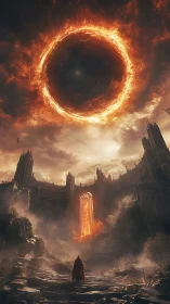Fiery celestial ring looms above a lone wanderer&rsquo;s citadel.
