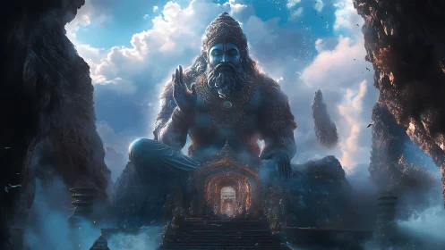 Colossal seated deity statue guarding mist-laden mountain temple