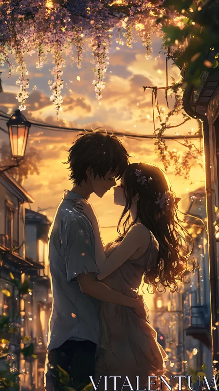 Anime sunset romance under cascading floral street canopy.